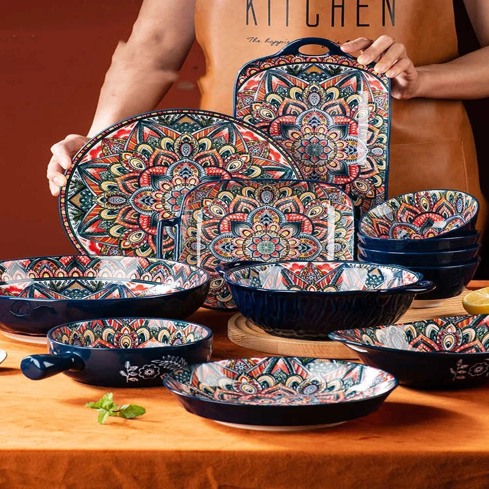 Bohemian Ceramic Dinnerware Set Floral Design