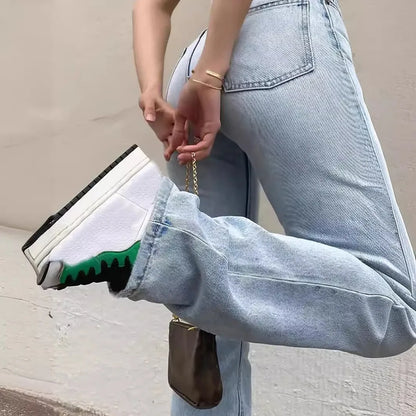 Blue slim fit high waist stretch  straight jeans woman